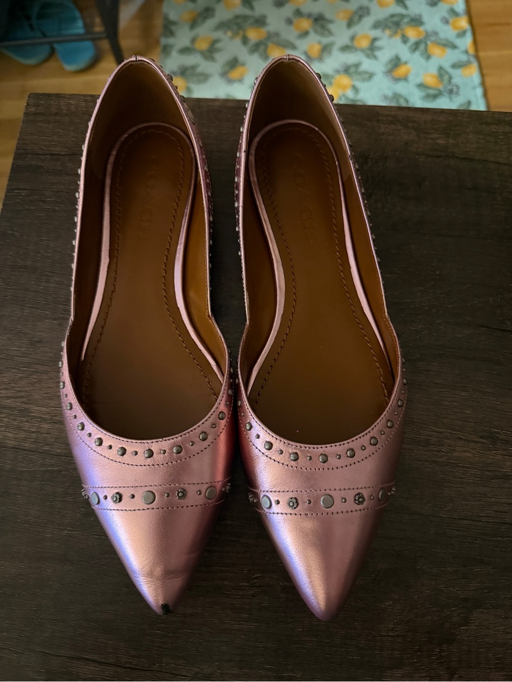 Coach Metallic Pink Studded Pointed Toe Women’s Flats size 9